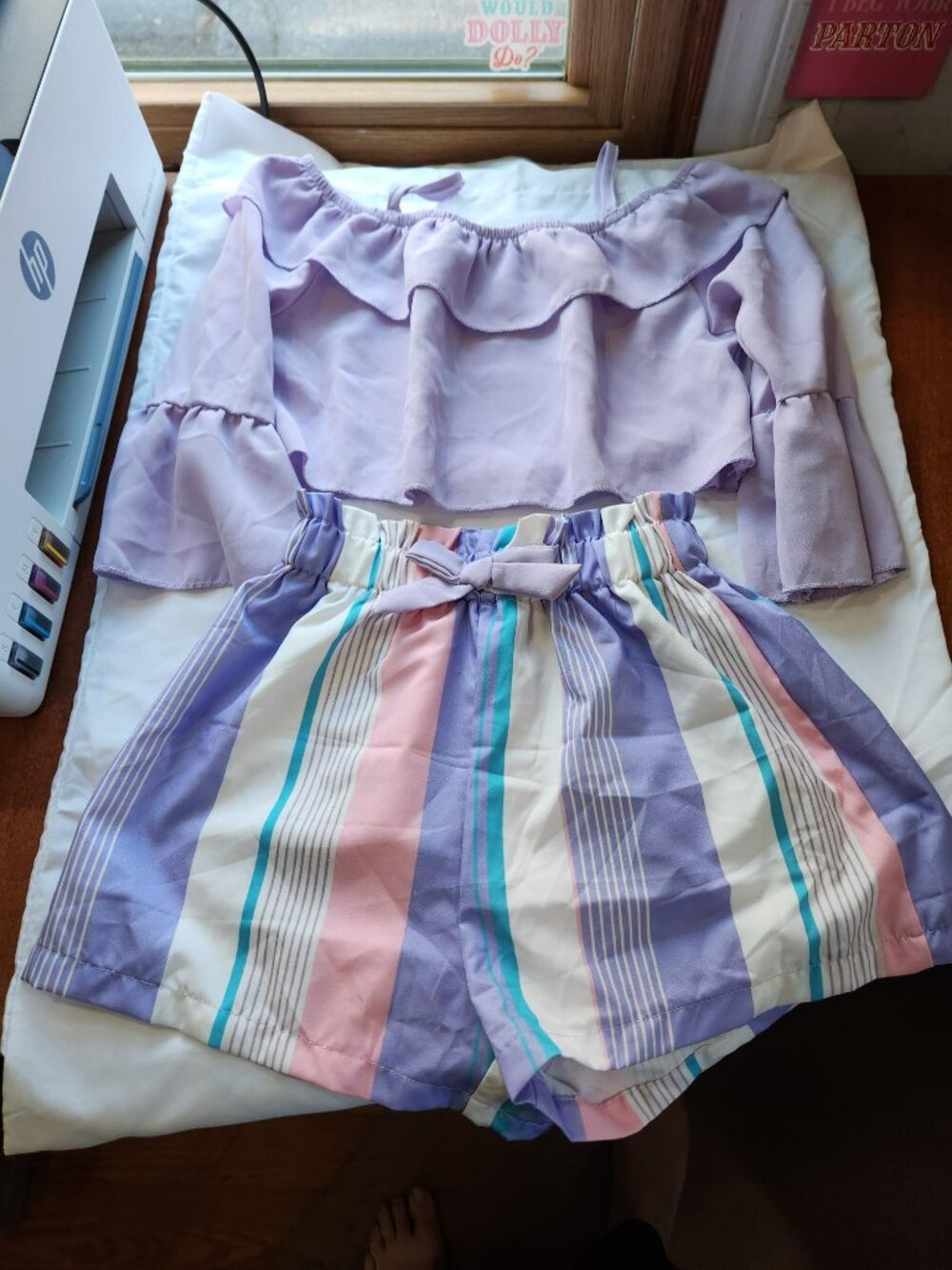Girls Boho 2 Piece Outfit Set 7-8Y Lavender Top & Striped Shorts